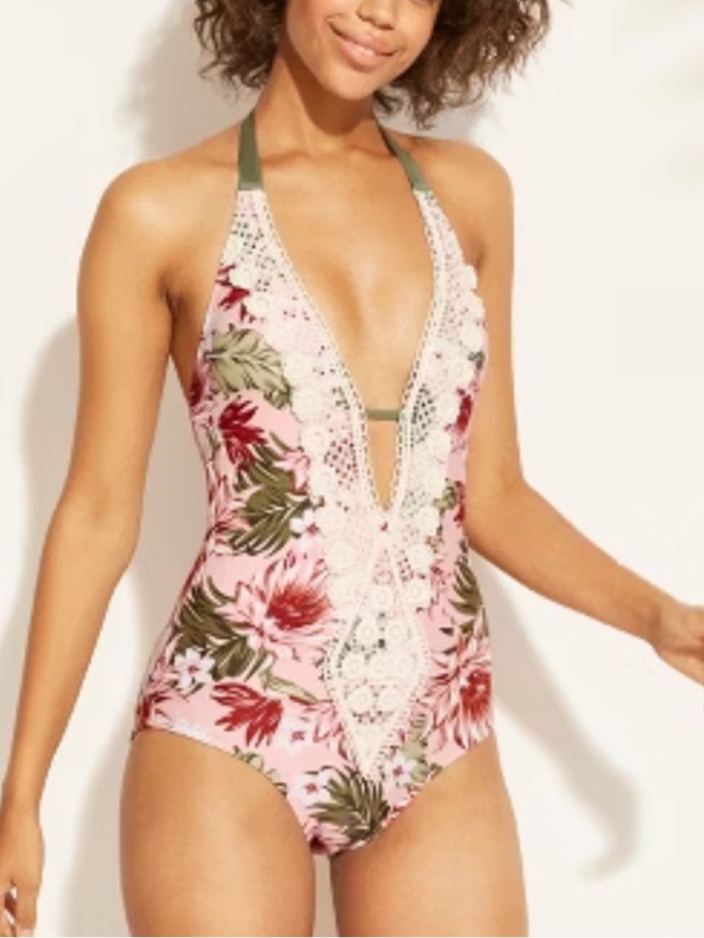 Kona Sol Floral Pink Crochet-Trim One-Piece Swimsuit